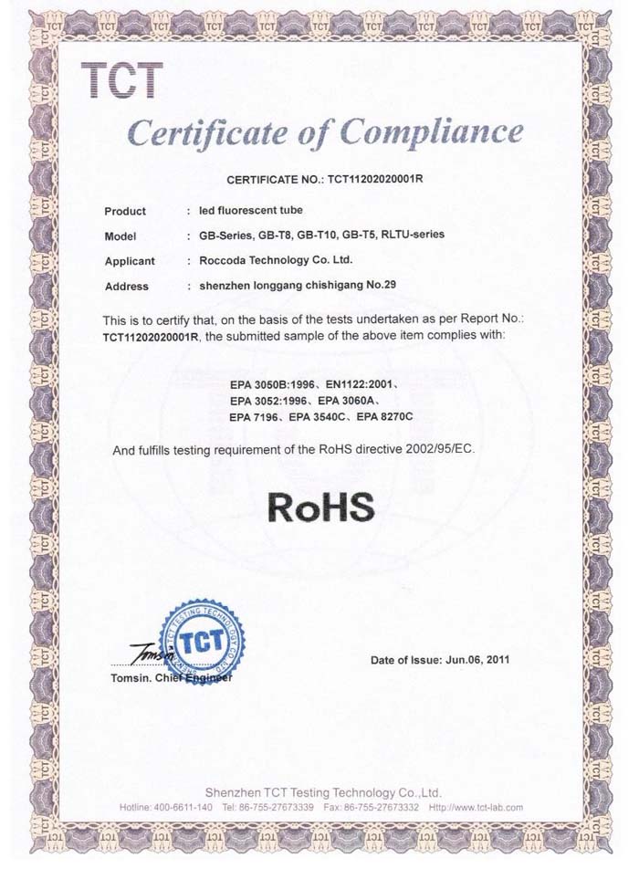 certificate of ROHS